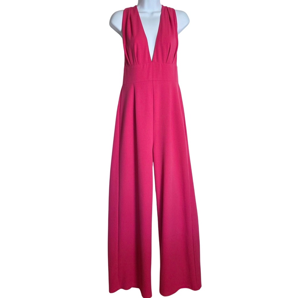Barbiecore Pink Plunging V-neck Halter Wide Leg Jumpsuit Twisted Back Romper